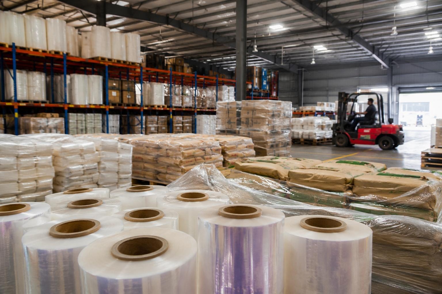 Magazyn Reliance - rolki folii stretch i palety z towarem